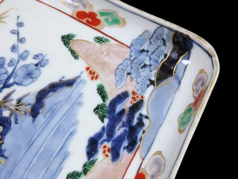 古伊万里 染錦 山水に松竹梅図 角皿 古伊万里 染錦 山水に松竹梅図 角皿