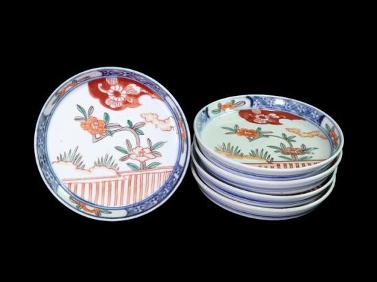 伊万里 色絵 垣根に椿図 4寸皿 5枚セット