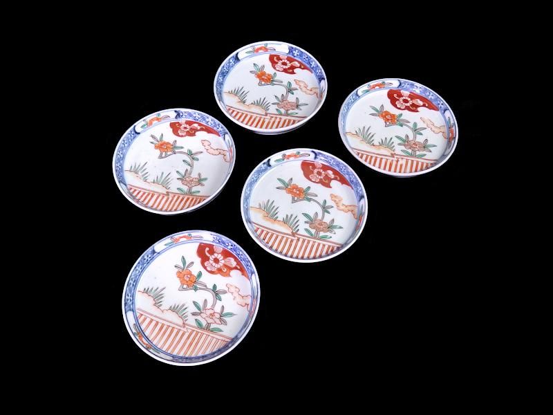 伊万里 色絵 垣根に椿図 4寸皿 5枚セット
