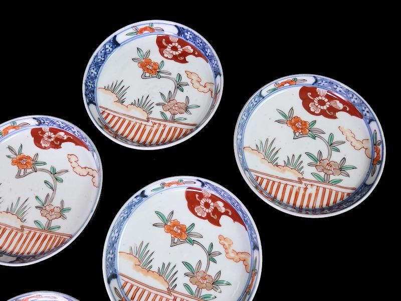 伊万里 色絵 垣根に椿図 4寸皿 5枚セット