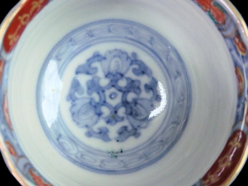 古伊万里 金襴手 瓔珞紋に松竹梅 青海波に獅子図 猪口 向付 2客