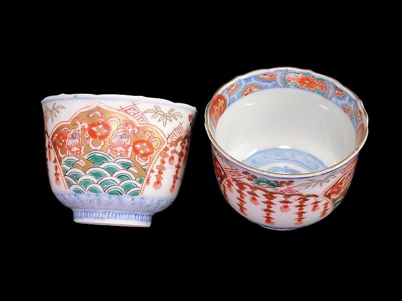 古伊万里　金襴手　松皮菱に松竹梅の図　蕎麦猪口　D385AS-CUb 古伊万里 金襴手 松皮菱に松竹梅の図 蕎麦猪口 D385AS-CUb