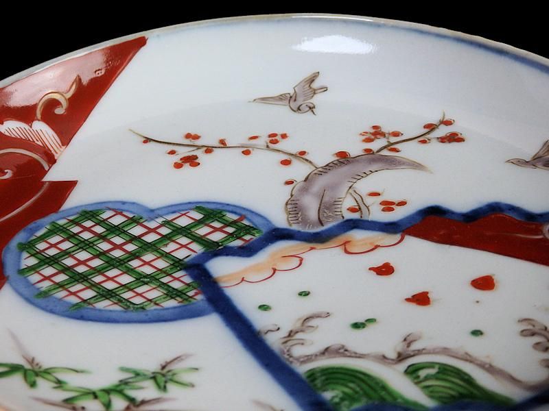伊万里 色絵 梅に鳥 波千鳥図 5寸半皿 6枚セット 伊万里 色絵 梅に鳥 波千鳥図 5寸半皿 6枚セット