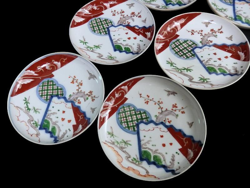 伊万里 色絵 梅に鳥 波千鳥図 5寸半皿 6枚セット 伊万里 色絵 梅に鳥 波千鳥図 5寸半皿 6枚セット