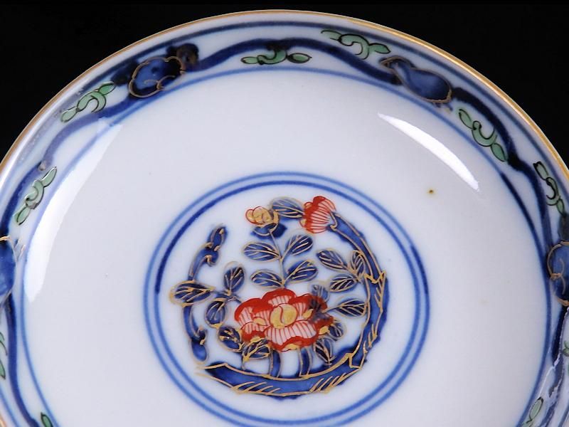 大聖寺伊万里 金襴手 丸紋に鳥図 蓋茶碗