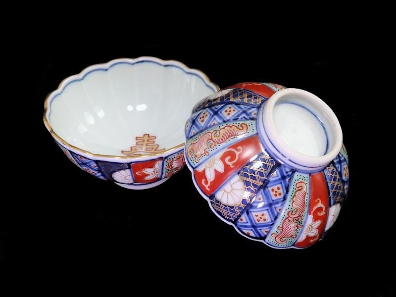 大聖寺伊万里 金襴手 寿紋に輪花楕円変形豆皿 向付 2客セット