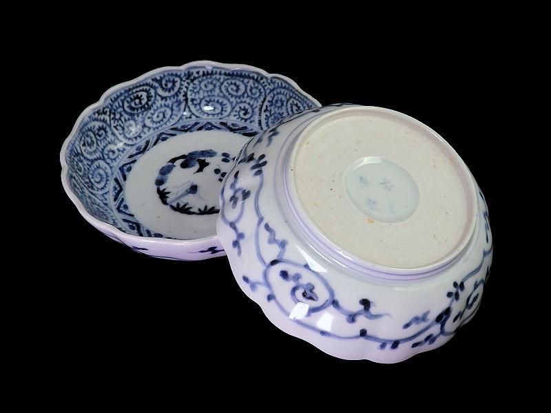 古伊万里 染付 蛸唐草に松竹梅図 膾皿 2客セット 江戸期