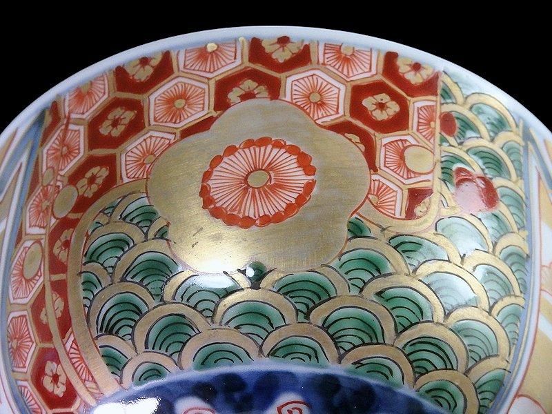 古伊万里 金襴手 亀甲に青海波 舞鶴図 蓋茶碗