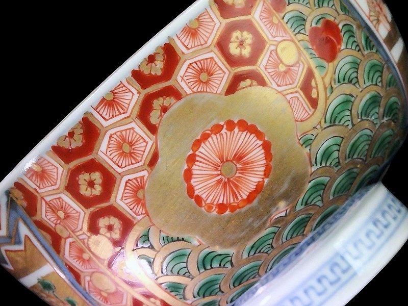 再再販！ 古伊万里 金襴手 亀甲に青海波 舞鶴図 蓋茶碗 工芸品