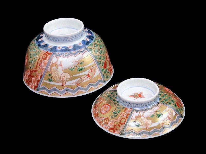 送料無料キャンペーン 古伊万里 金襴手 蓋茶碗 舞鶴図 亀甲に青海波 工芸品