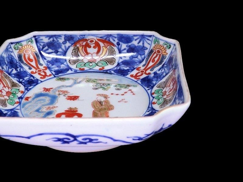 大聖寺伊万里 染錦 紅葉に唐人図 四方角皿