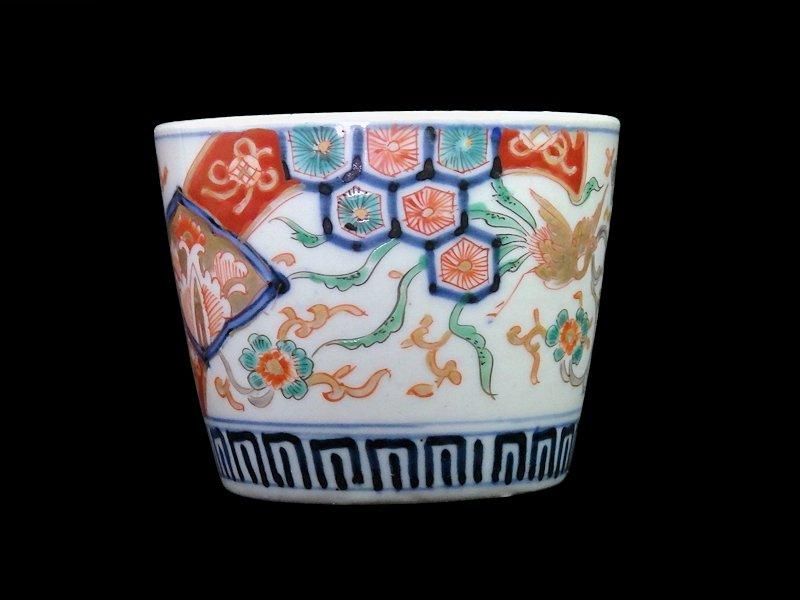 古伊万里 色絵 窓絵花図 菊花四方襷紋に鳳凰図 蕎麦猪口 古伊万里 色絵 窓絵花図 菊花四方襷紋に鳳凰図 蕎麦猪口
