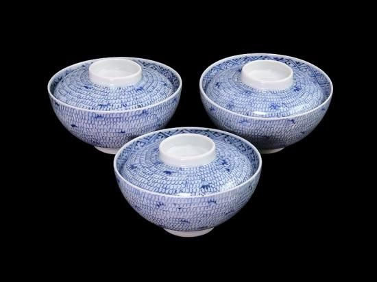 古伊万里 花唐草 蓋付茶碗 3客 古伊万里 染付 微塵唐草図