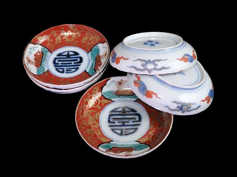 古伊万里　色絵　窓絵　宝船に金唐草の図　４寸皿　５枚　B985AS-CXv 古伊万里 色絵 窓絵宝船に金唐草図 4寸皿 5枚セット