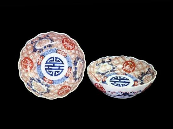 古伊万里　金襴手　菊花四方襷紋に吉祥紋の図　膾皿　2客　D960AS-fbtt 古伊万里 金襴手 菊花四方襷紋に吉祥紋図 膾皿 2枚セット