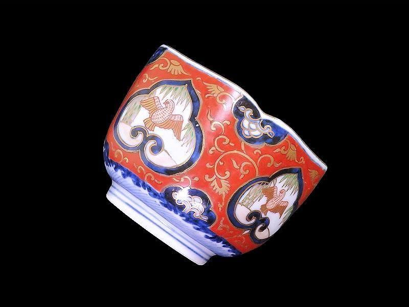 大聖寺伊万里 金襴手 窓絵 竹笹に雀 金唐草の図 向付 031AS-fbtu