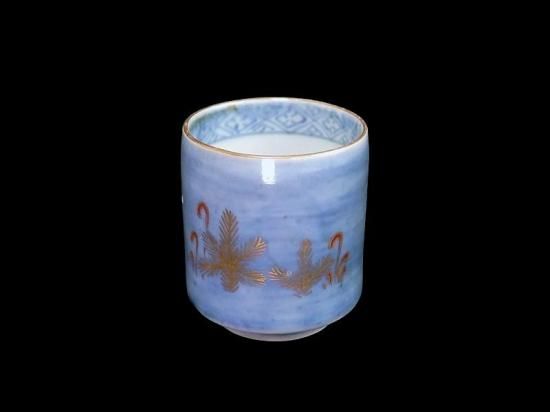 古伊万里 染錦 薄瑠璃に若松図 のぞき 猪口