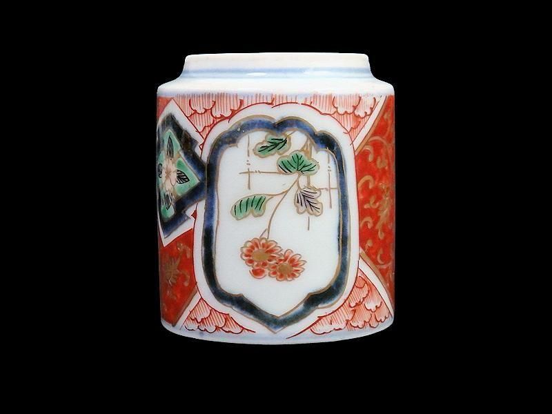 古伊万里 色絵 窓絵金唐草に花図 のぞき 猪口