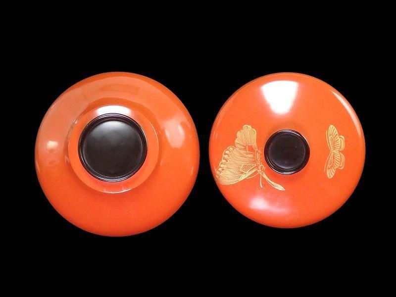 朱塗 沈金 蝶に孔雀図 吸物椀 5客 木製品
