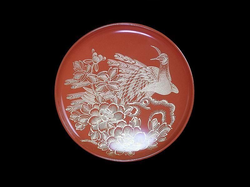 沈金 吸物椀 蝶に孔雀の図 朱色 木製品 5客 N1105AS-fbui 朱塗 沈金 蝶に孔雀図 吸物椀 5客 木製品
