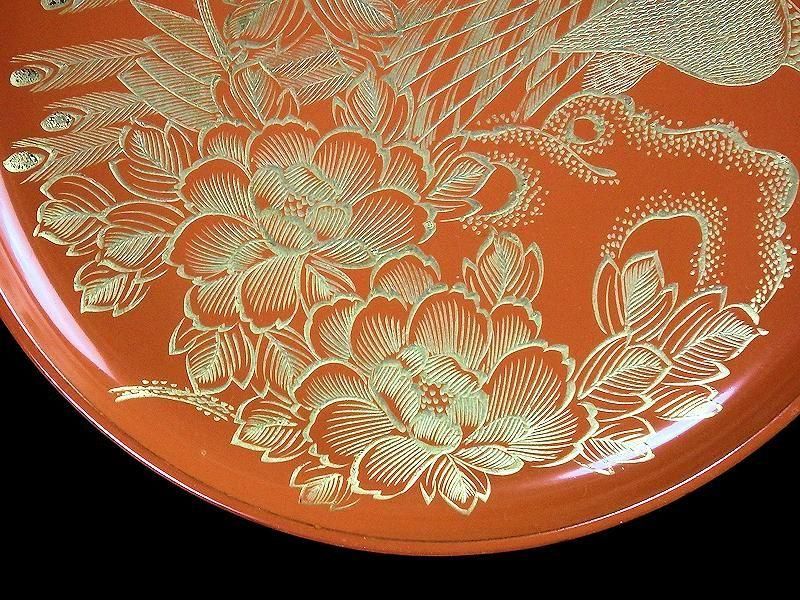 沈金 吸物椀 蝶に孔雀の図 朱色 木製品 5客 N1105AS-fbui 朱塗 沈金 蝶に孔雀図 吸物椀 5客 木製品