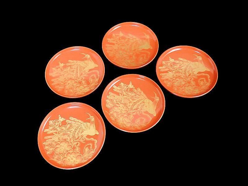 朱塗 沈金 蝶に孔雀図 吸物椀 5客 木製品