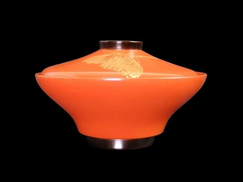 沈金　吸物椀　蝶に孔雀の図　朱色　木製品　５客　N1105AS-fbui 朱塗 沈金 蝶に孔雀図 吸物椀 5客 木製品