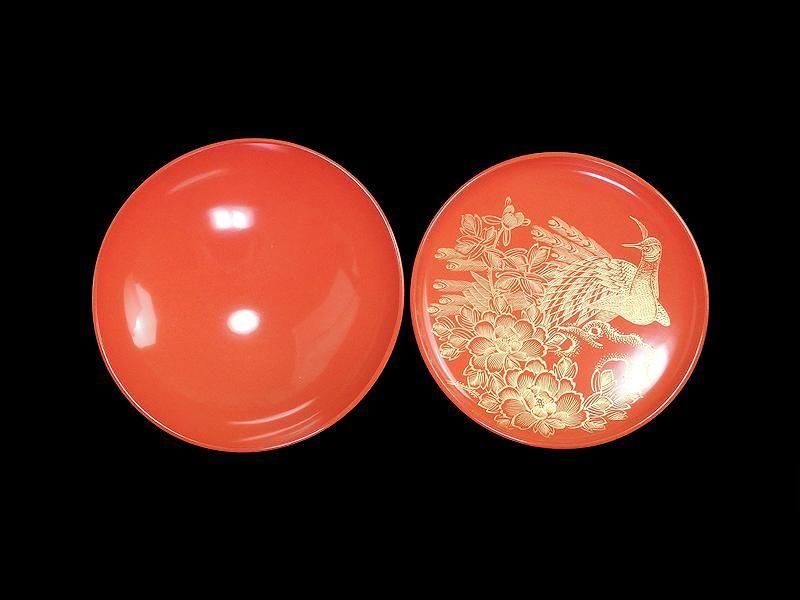 朱塗 沈金 蝶に孔雀図 吸物椀 5客 木製品