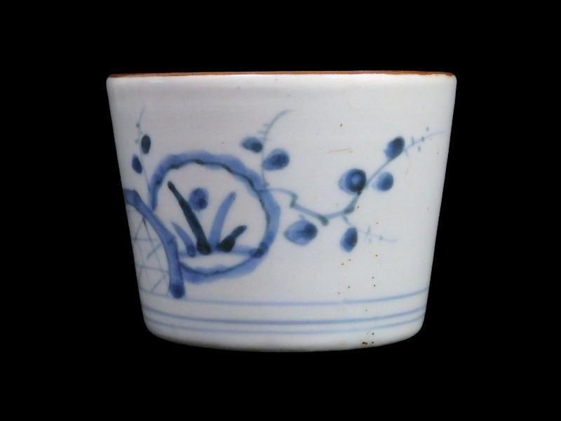 古伊万里 染付 竹籠に秋草紋の図 蕎麦猪口 A015AS-CYu