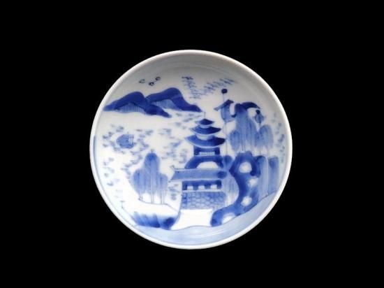 古伊万里　鍋島写　山水楼閣の図　３寸半皿　手塩皿　C128AS-CZh 古伊万里 鍋島写 山水楼閣の図 3寸半皿 手塩皿 C128AS-CZh 鍋島