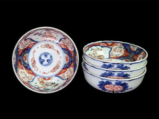 古伊万里　色絵　獅子に波千鳥の図　膾皿　春寒鉢　４客　 CZd 古伊万里 色絵 獅子に波千鳥図 膾皿 春寒鉢 4客セット