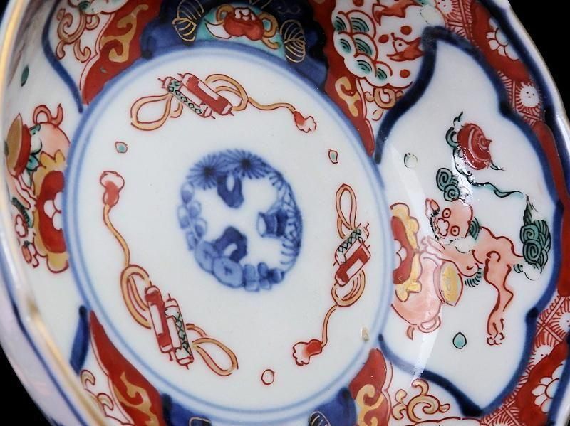 古伊万里　色絵　獅子に波千鳥の図　膾皿　春寒鉢　４客　 CZd 古伊万里 色絵 獅子に波千鳥図 膾皿 春寒鉢 4客セット