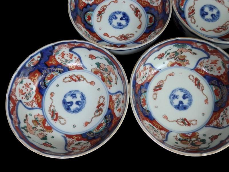 古伊万里　色絵　獅子に波千鳥の図　膾皿　春寒鉢　４客　 CZd 古伊万里 色絵 獅子に波千鳥図 膾皿 春寒鉢 4客セット