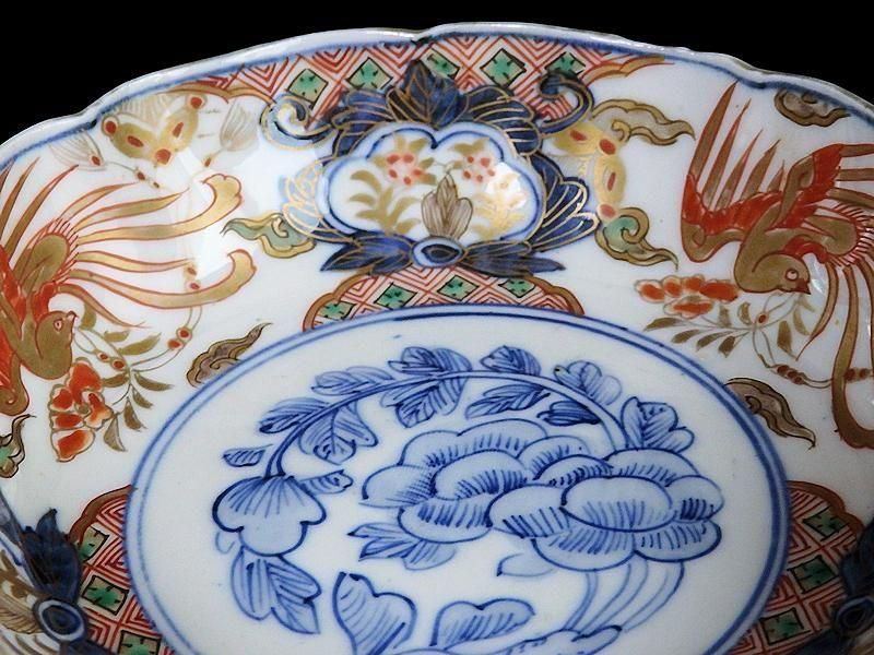 古伊万里　色絵　鳳凰に牡丹の図　膾皿　５客　C380AS-CZf 古伊万里 色絵 鳳凰に牡丹図 膾皿 5客セット