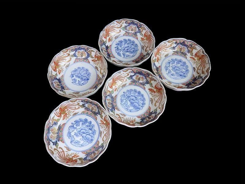 ONLINE ホビー・楽器・アート 古伊万里 色絵 鳳凰に牡丹の図 膾皿 5客