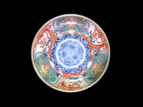 古伊万里　金襴手　窓絵　鳳凰に花の図　４寸皿　E694AS-CZq 古伊万里 金襴手 窓絵鳳凰に花図 4寸皿