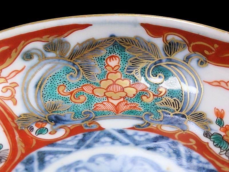 古伊万里　金襴手　窓絵　鳳凰に花の図　４寸皿　E694AS-CZq 古伊万里 金襴手 窓絵鳳凰に花図 4寸皿
