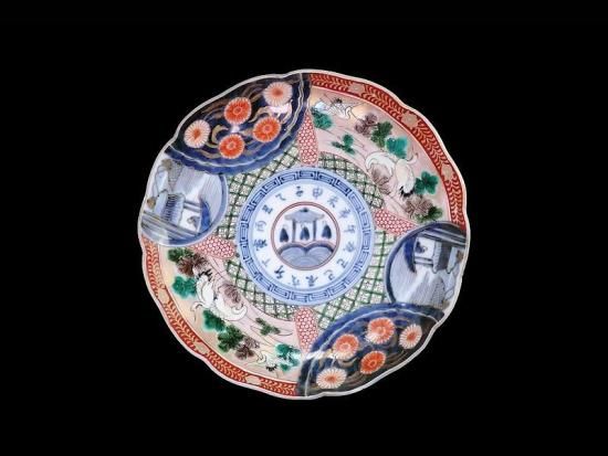 古伊万里　金襴手　色絵　鶴に菊　赤壁の賦図　８寸皿　C719AS-CZs 古伊万里 金襴手 色絵 鶴に菊 赤壁の賦図 8寸皿