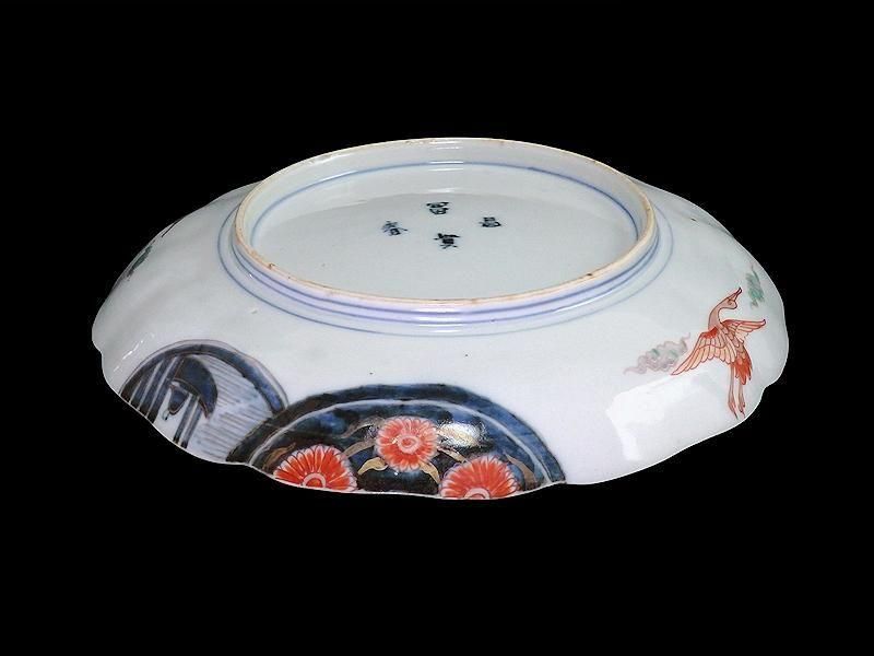 古伊万里 金襴手 色絵 鶴に菊 赤壁の賦図 8寸皿