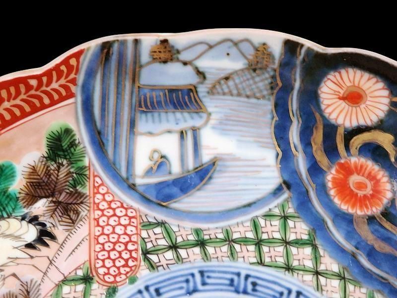 古伊万里　金襴手　色絵　鶴に菊　赤壁の賦図　８寸皿　C719AS-CZs 古伊万里 金襴手 色絵 鶴に菊 赤壁の賦図 8寸皿