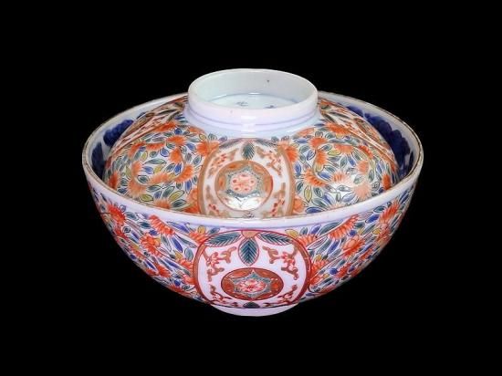 古伊万里　色絵　花繋ぎの図　蓋茶碗　江戸期　CZu 古伊万里 色絵 花繋ぎ図 蓋茶碗 江戸期