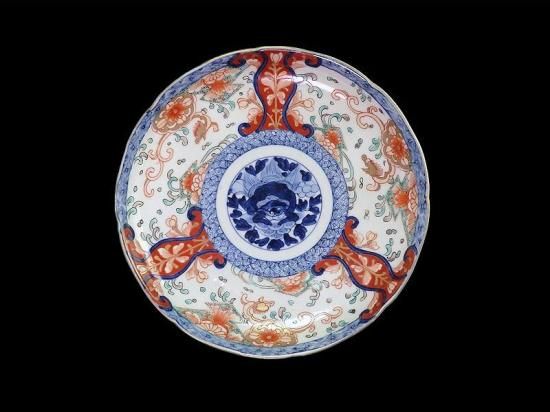 古伊万里　色絵　七宝繋紋に獅子の図　７寸半皿　B180AS-CZv 古伊万里 色絵 七宝繋紋に獅子図 7寸半皿