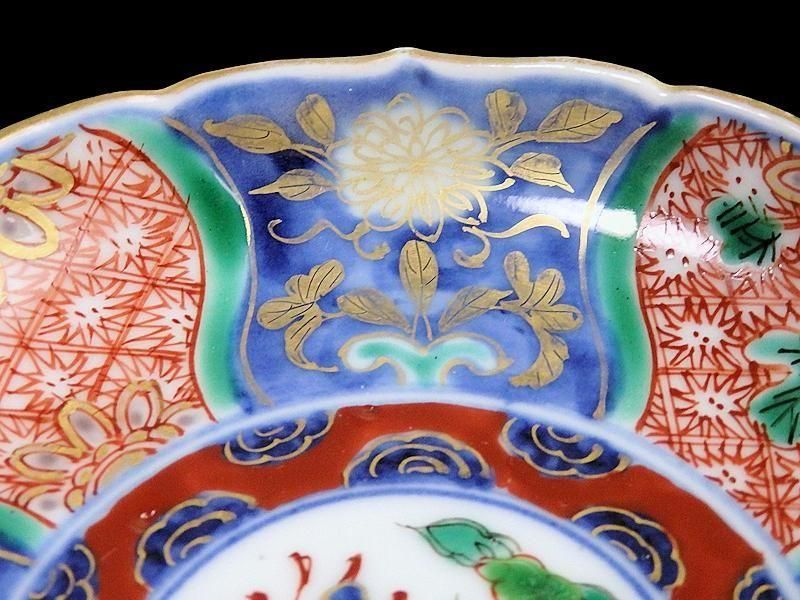 古伊万里 金襴手 菊花四方襷紋に花 団龍紋図 4寸皿 5枚セット