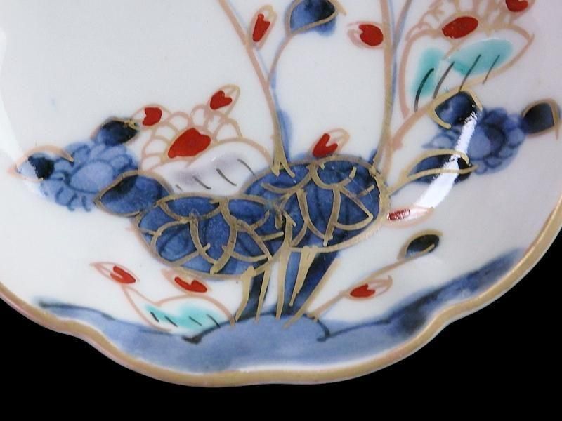 古伊万里 　染錦　河骨紋の図　手塩皿　3寸半皿　４枚 　D417AS-fbuw 古伊万里 染錦 河骨(こうほね)紋図 手塩皿 3寸半皿 4枚セット