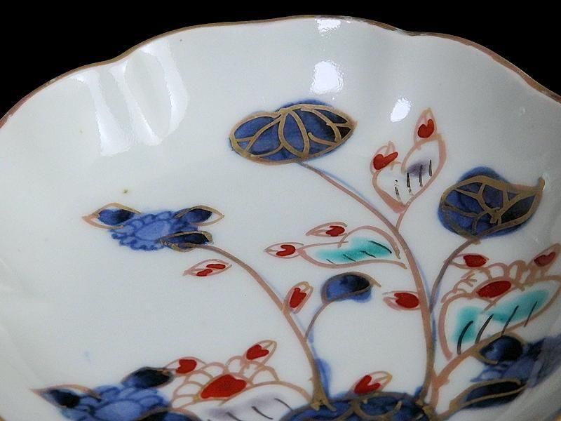 古伊万里 　染錦　河骨紋の図　手塩皿　3寸半皿　４枚 　D417AS-fbuw 古伊万里 染錦 河骨(こうほね)紋図 手塩皿 3寸半皿 4枚セット