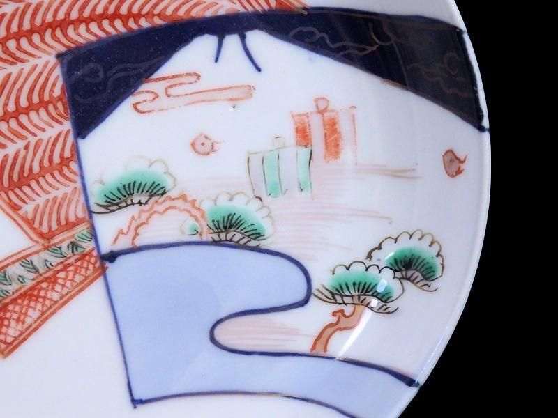 古伊万里 色絵 羊歯文様に富士松原帆掛け船図 4寸皿 5枚セット