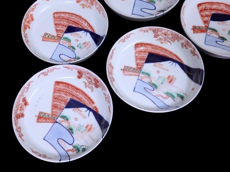 古伊万里 色絵 羊歯文様に富士松原帆掛け船図 4寸皿 5枚セット
