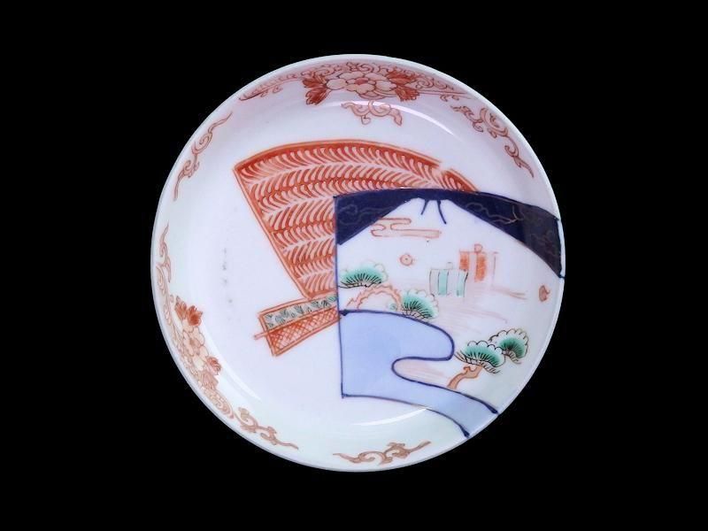 古伊万里 色絵 羊歯文様に富士松原帆掛け船図 4寸皿 5枚セット