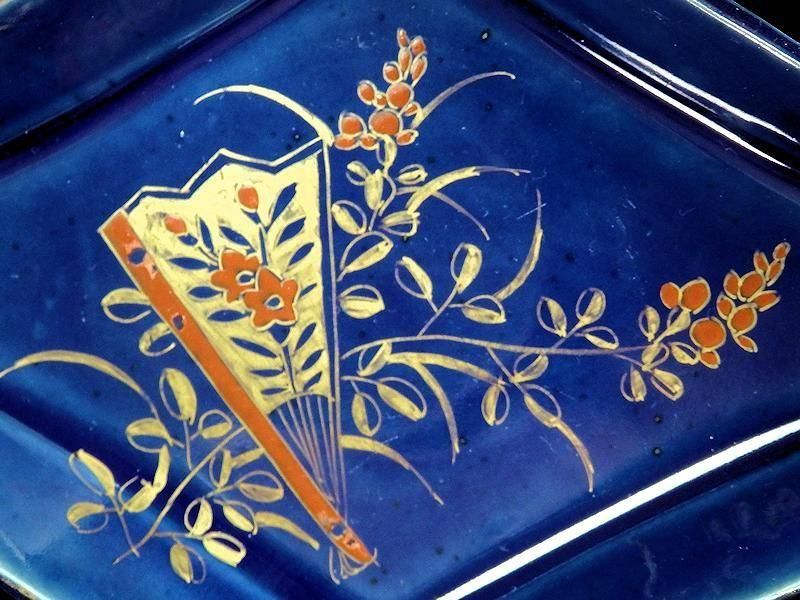 古伊万里　瑠璃　扇に桔梗の図　菱形変形皿　２客　D039AS-DAm 古伊万里 瑠璃 扇に桔梗図 菱形変形皿 2客セット