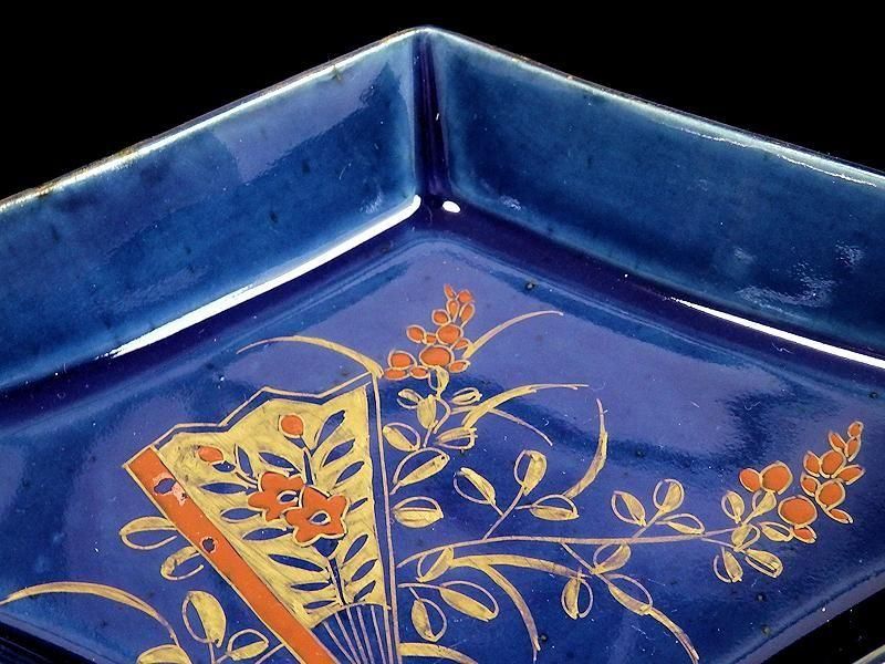 古伊万里　瑠璃　扇に桔梗の図　菱形変形皿　２客　D039AS-DAm 古伊万里 瑠璃 扇に桔梗図 菱形変形皿 2客セット